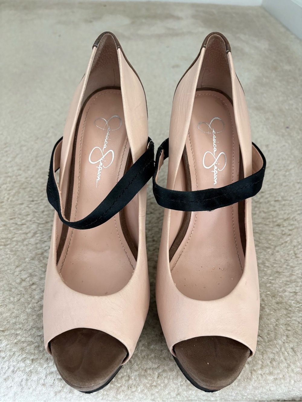 Jessica Simpson Blush Pink and Black Peep-Toe Mary Jane Heels - Picture 2 of 6
